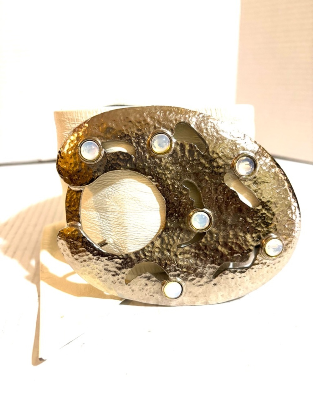 Hammered Metal Statement leather Belt Buckle with Moonstone Accents